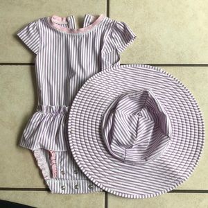 Ruffle butts purple seersucker swimsuit hat set